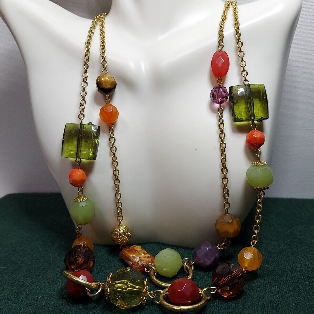 Necklace 2-strand Gem colors on Gold-tone chain Longest 20”